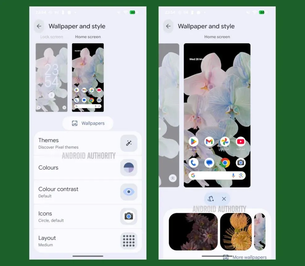 Ảnh chụp màn hình giao diện Tùy chỉnh Hình nền &amp; Kiểu (Wallpaper &amp; style) trên điện thoại Pixel, nơi có thể xuất hiện tính năng Theme mới