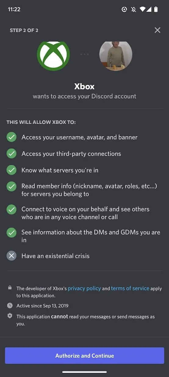 Ảnh chụp màn hình ứng dụng Discord hiển thị các quyền cho phép kết nối tài khoản Xbox