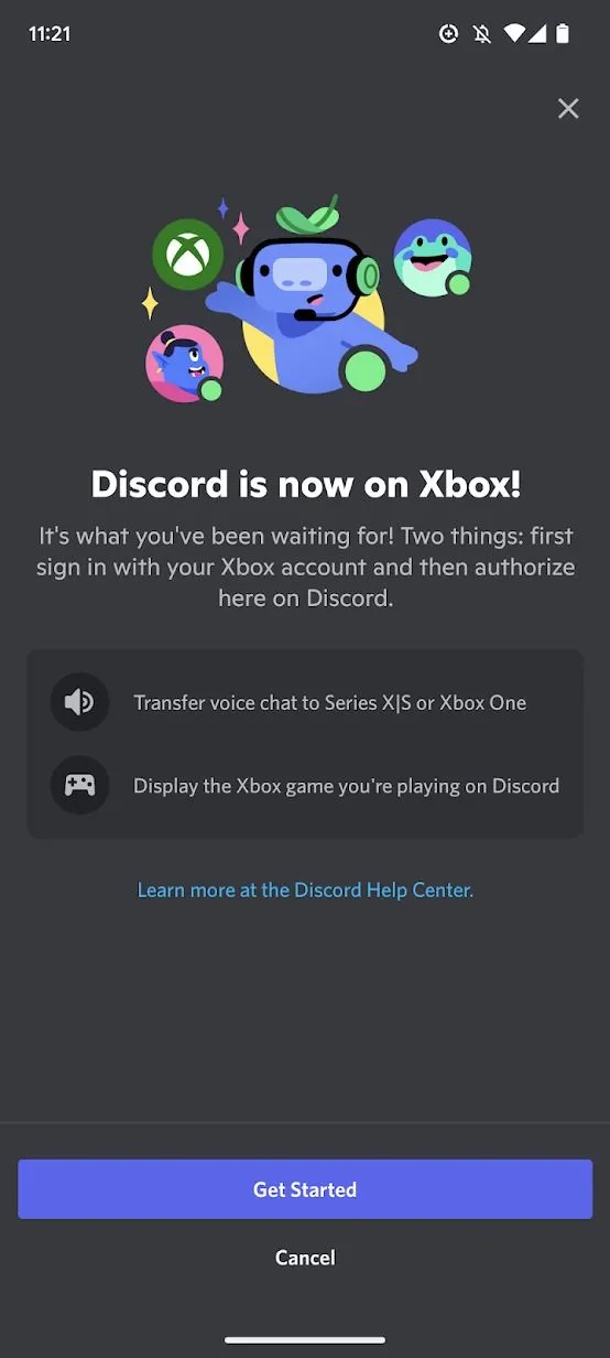 Ảnh chụp màn hình ứng dụng Discord hiển thị trang chủ tính năng kết nối Xbox