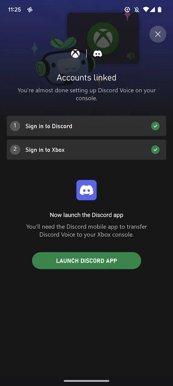 Ảnh chụp màn hình ứng dụng Xbox hiển thị xác nhận kết nối tài khoản Discord và Xbox