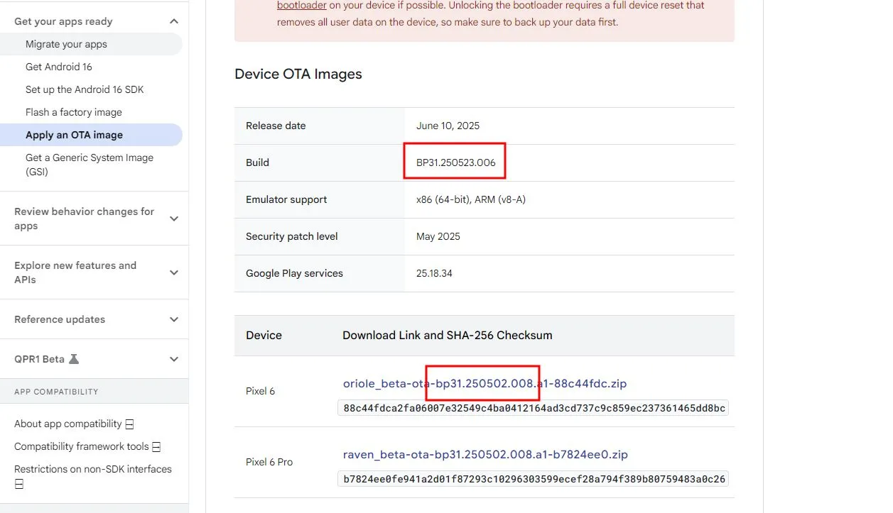 Ảnh chụp màn hình website Android Developers với thông tin phiên bản file OTA không khớp