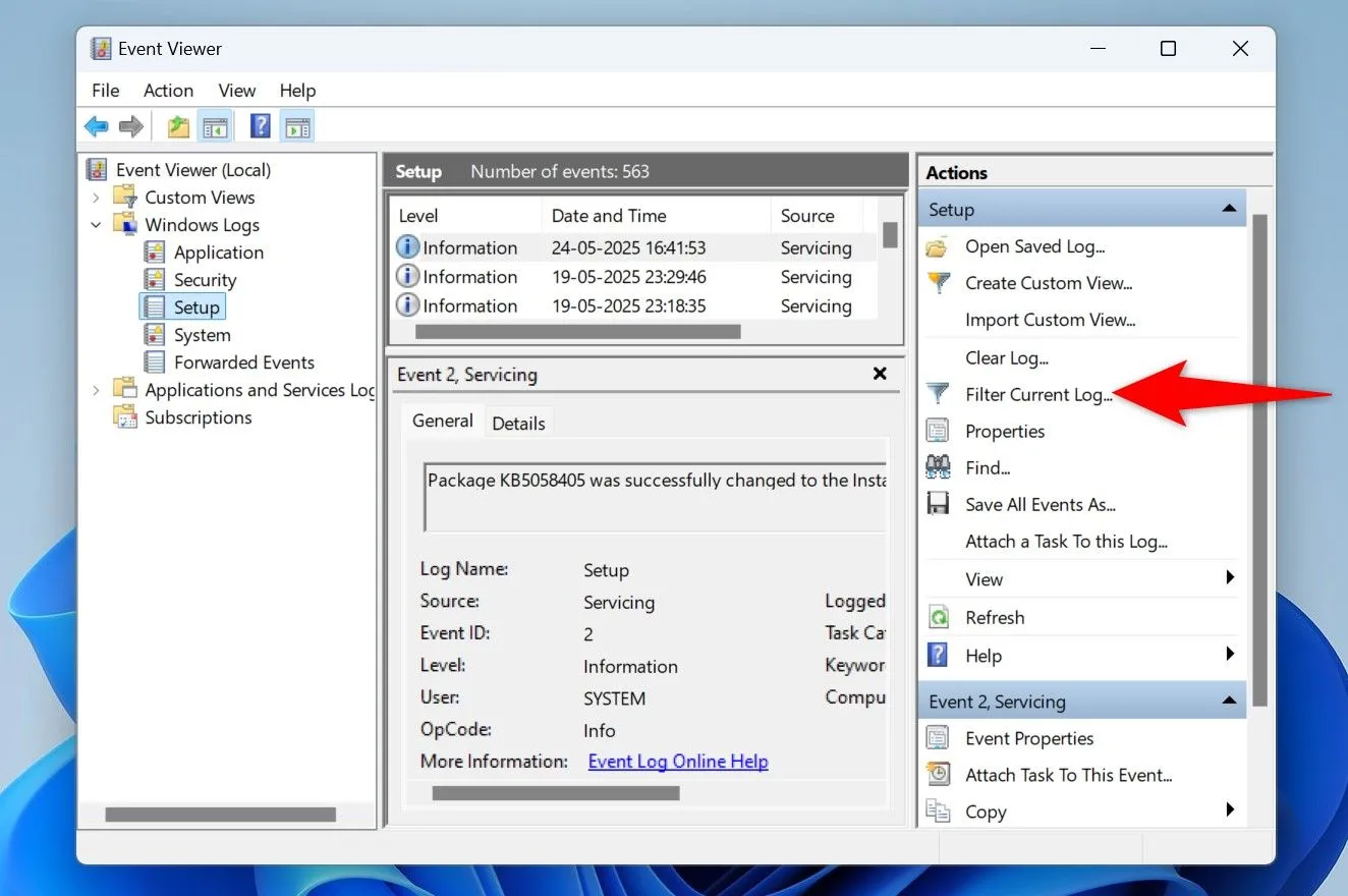 Áp dụng bộ lọc cho Nhật ký Windows trong Event Viewer để xem các sự kiện cụ thể