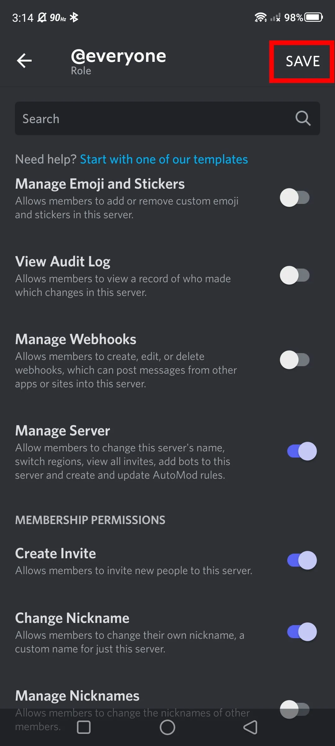 Bật tùy chọn Quản lý Server (Manage Server) và nhấn Lưu (Save) trong cài đặt vai trò Discord