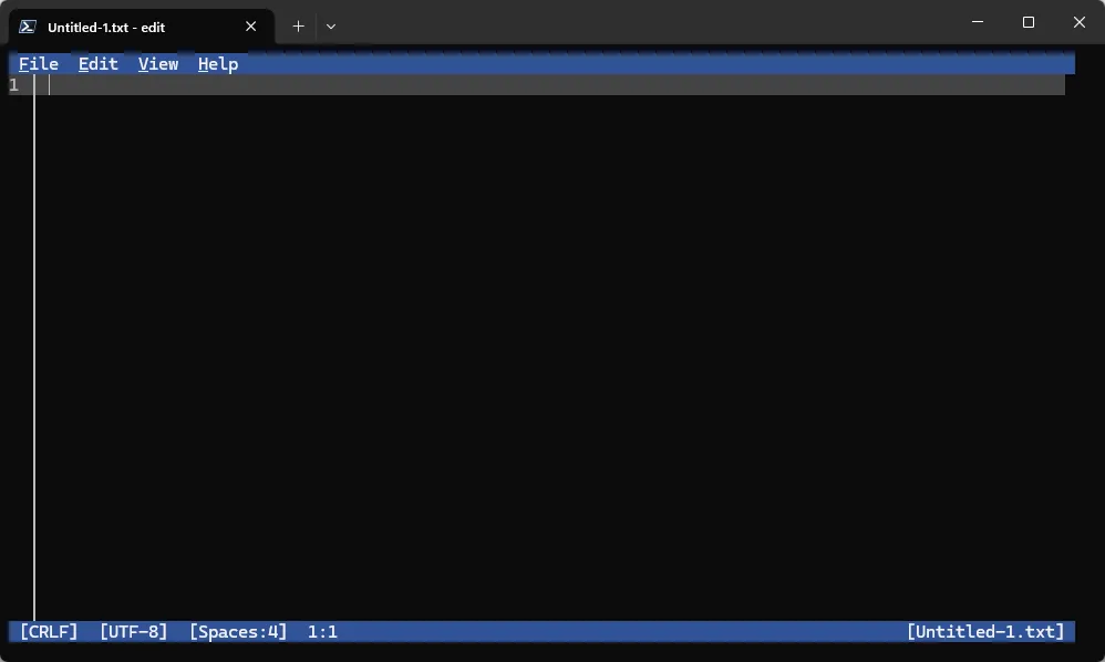 Các nút lệnh File, Edit, View, Help trên giao diện tối giản của Microsoft Edit