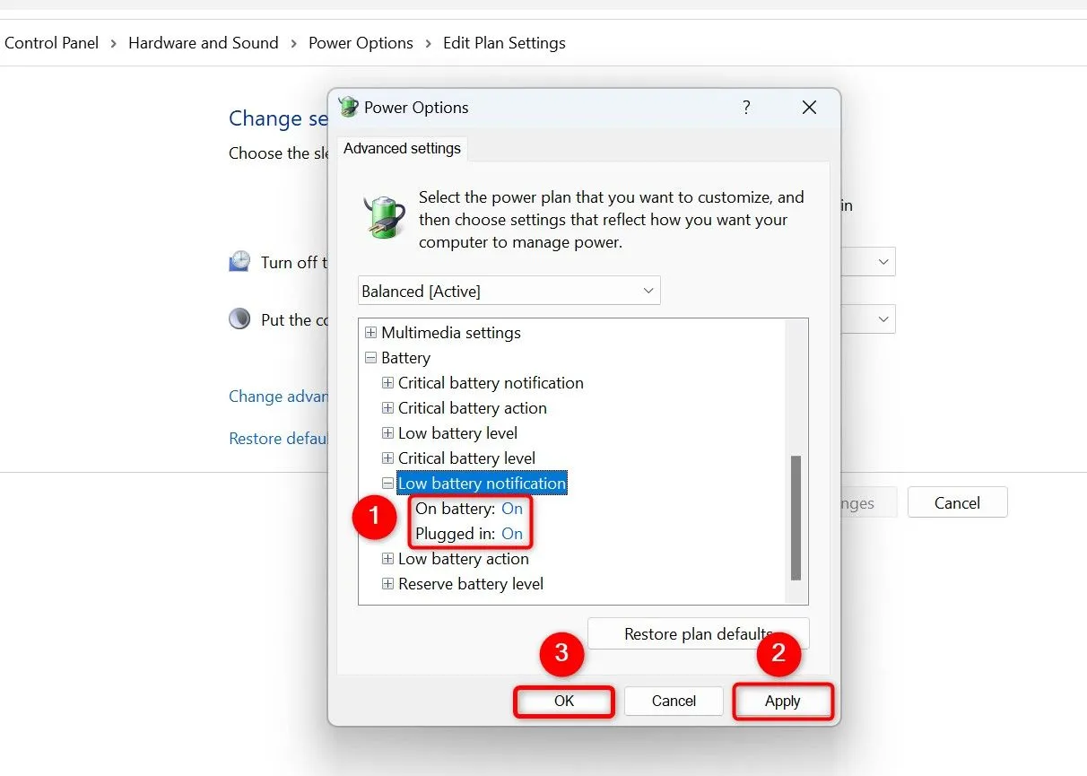 Cài đặt thông báo pin yếu ở chế độ Bật trong Tùy chọn nguồn trên Windows 11