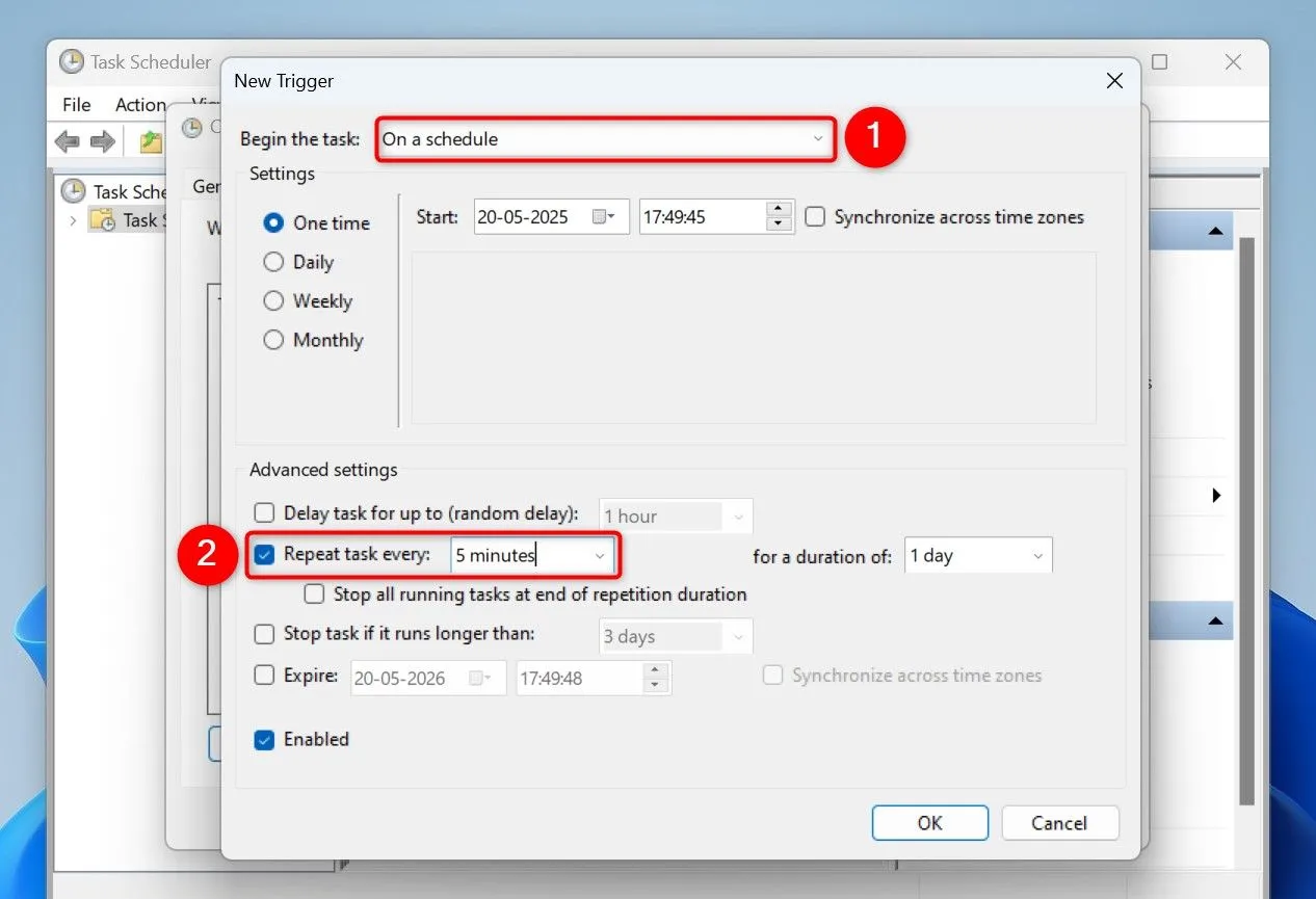 Cấu hình lịch lặp lại cho tác vụ cảnh báo pin trong Task Scheduler