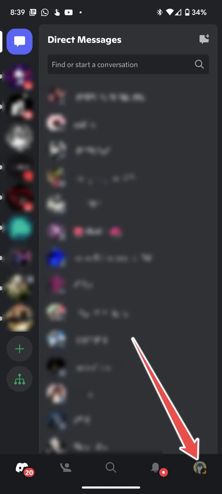 Chạm vào ảnh hồ sơ của bạn trong ứng dụng Discord di động để vào cài đặt