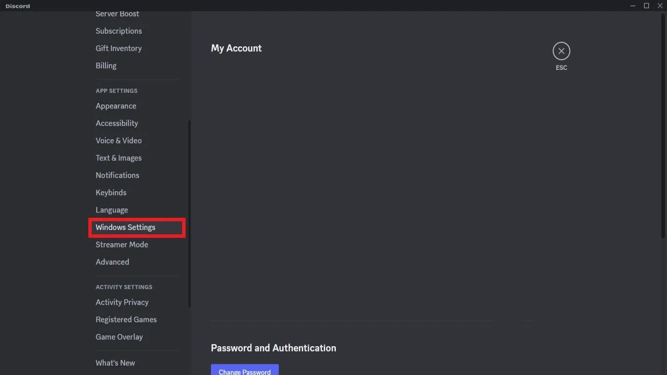 Chọn mục Cài đặt Windows (Windows Settings) trong menu cài đặt của Discord