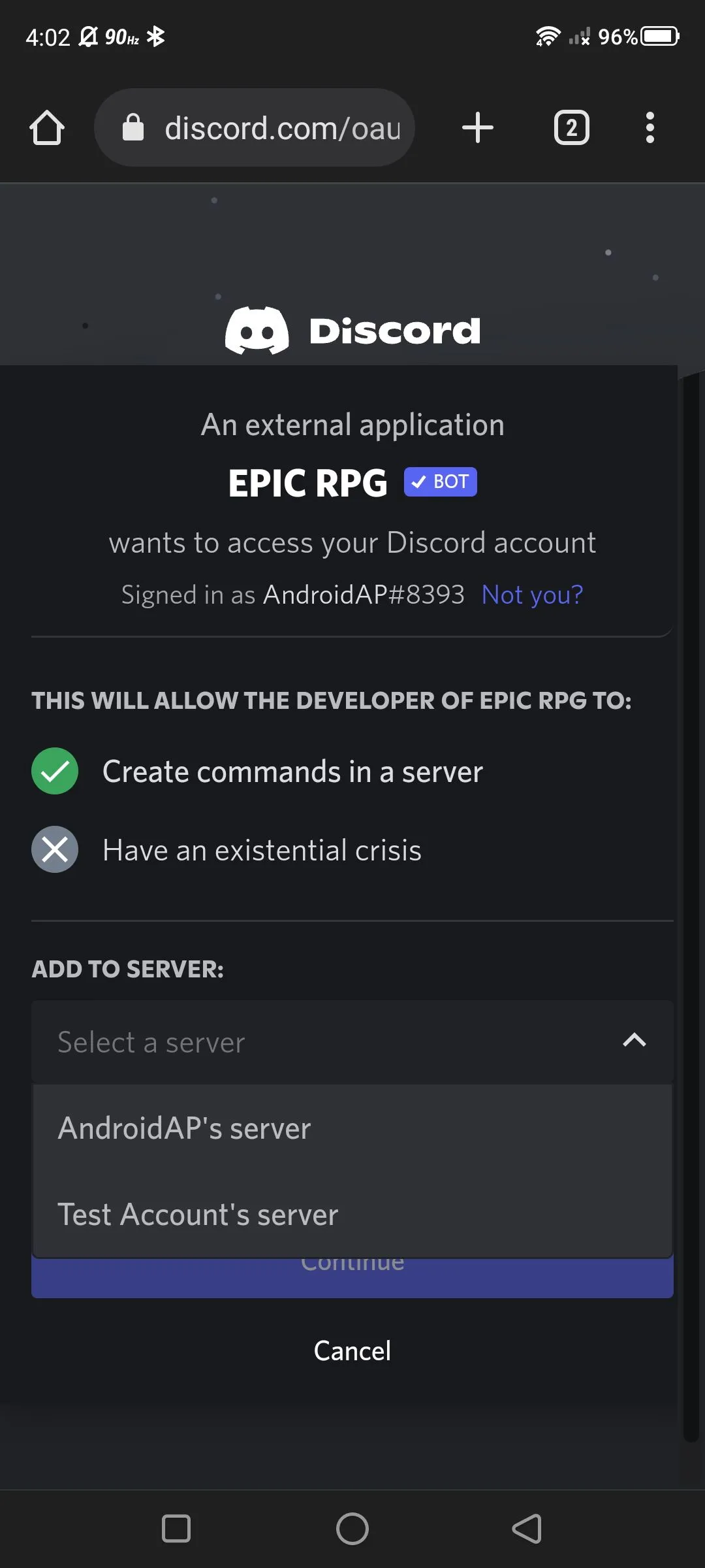 Chọn server Discord bạn muốn mời bot vào từ danh sách