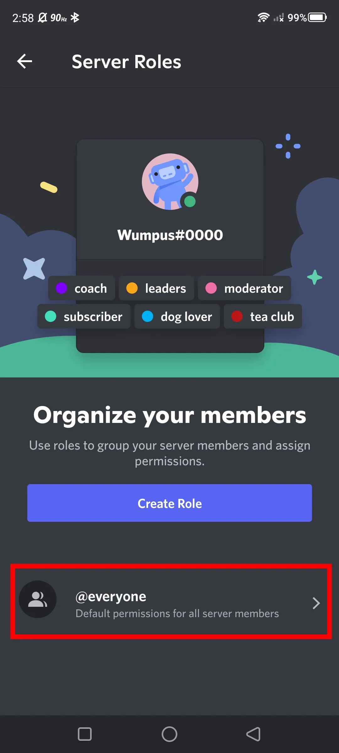Chọn vai trò @everyone trong danh sách vai trò trên Discord mobile