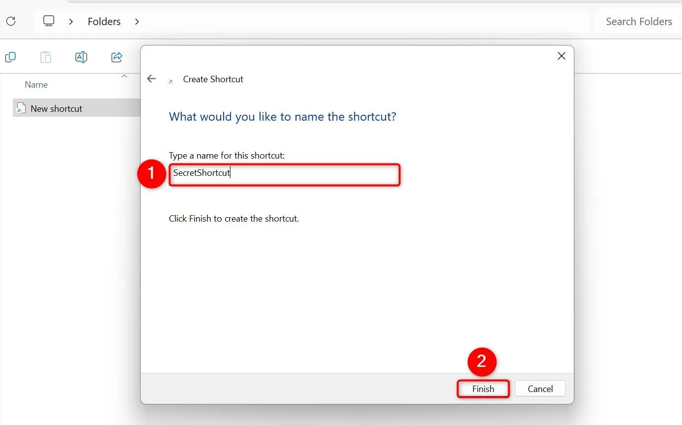 Cửa sổ &quot;Create Shortcut&quot;, nhập tên cho lối tắt mới vừa tạo.