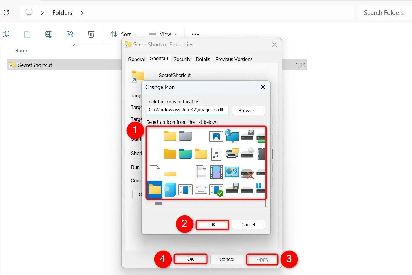 Cửa sổ &quot;Properties&quot; của lối tắt, tab &quot;Shortcut&quot;, nút &quot;Change Icon&quot; (Thay đổi biểu tượng) được chọn.
