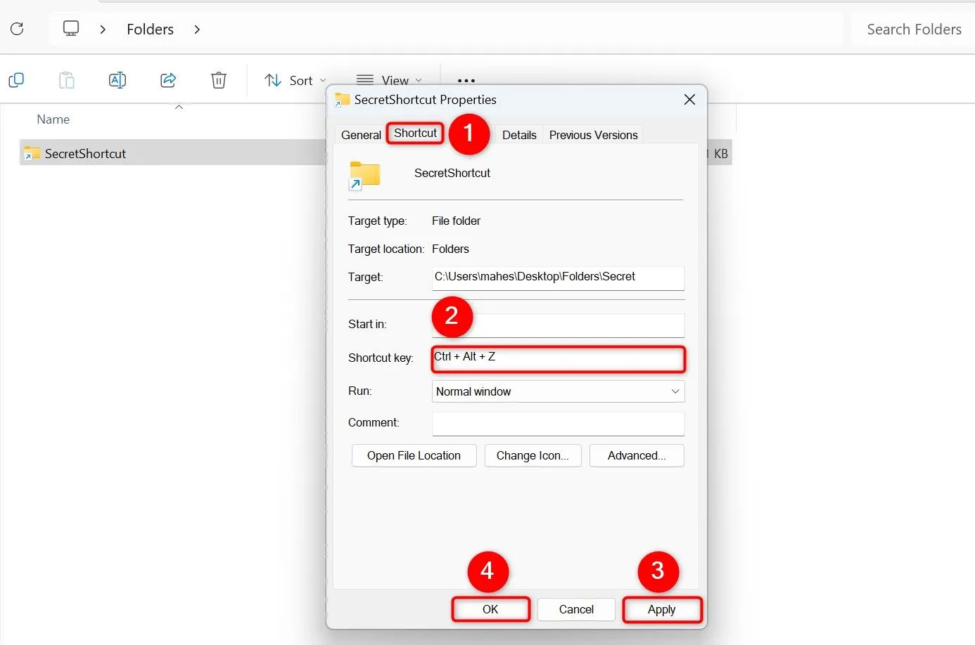 Cửa sổ &quot;Properties&quot; của lối tắt, tab &quot;Shortcut&quot;, trường &quot;Shortcut key&quot; (Phím tắt) đang chờ gán tổ hợp phím.