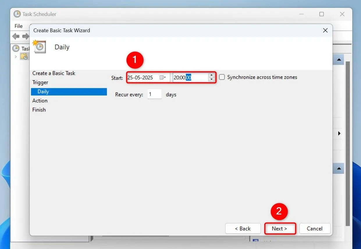 Cửa sổ Task Scheduler hiển thị bước đặt ngày và giờ bắt đầu chạy nhiệm vụ.