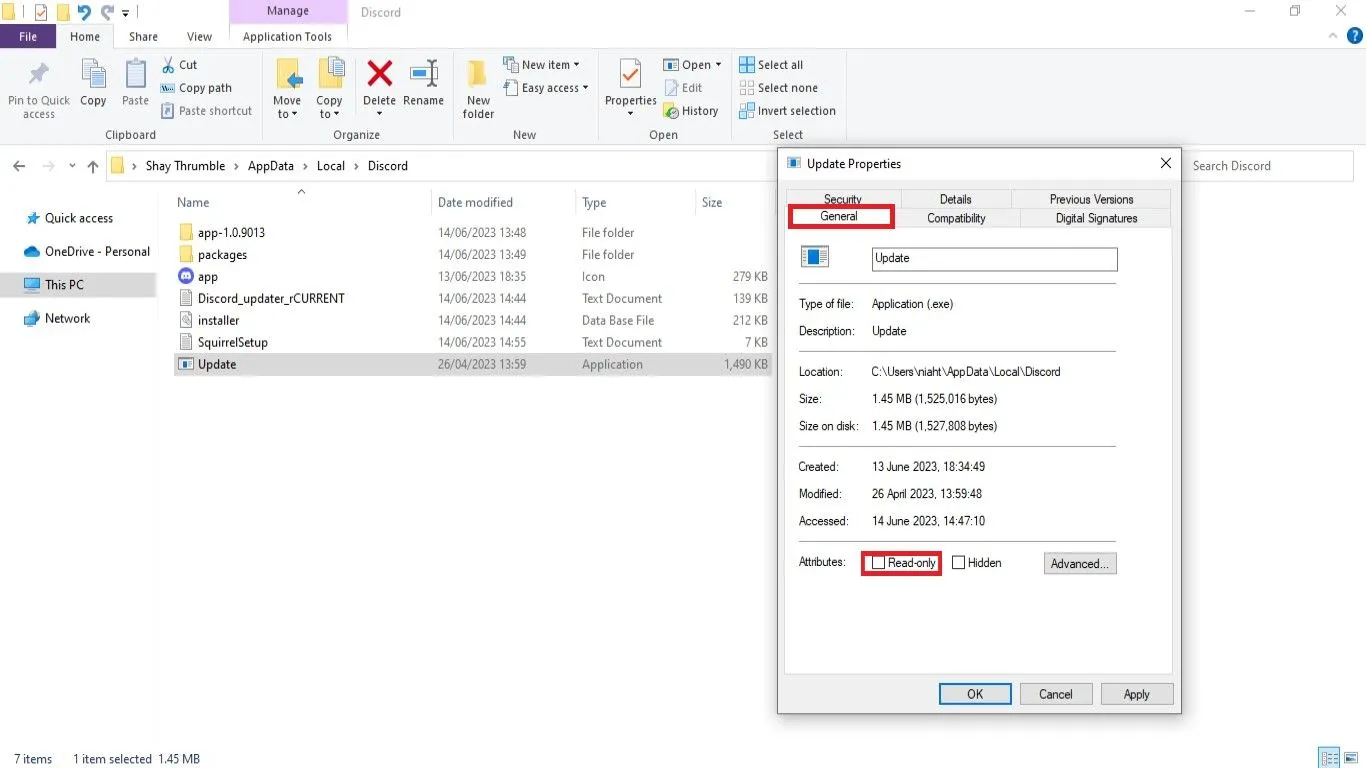 Đánh dấu vào ô 'Chỉ đọc' (Read-only) trong cửa sổ Thuộc tính của tệp Update Discord