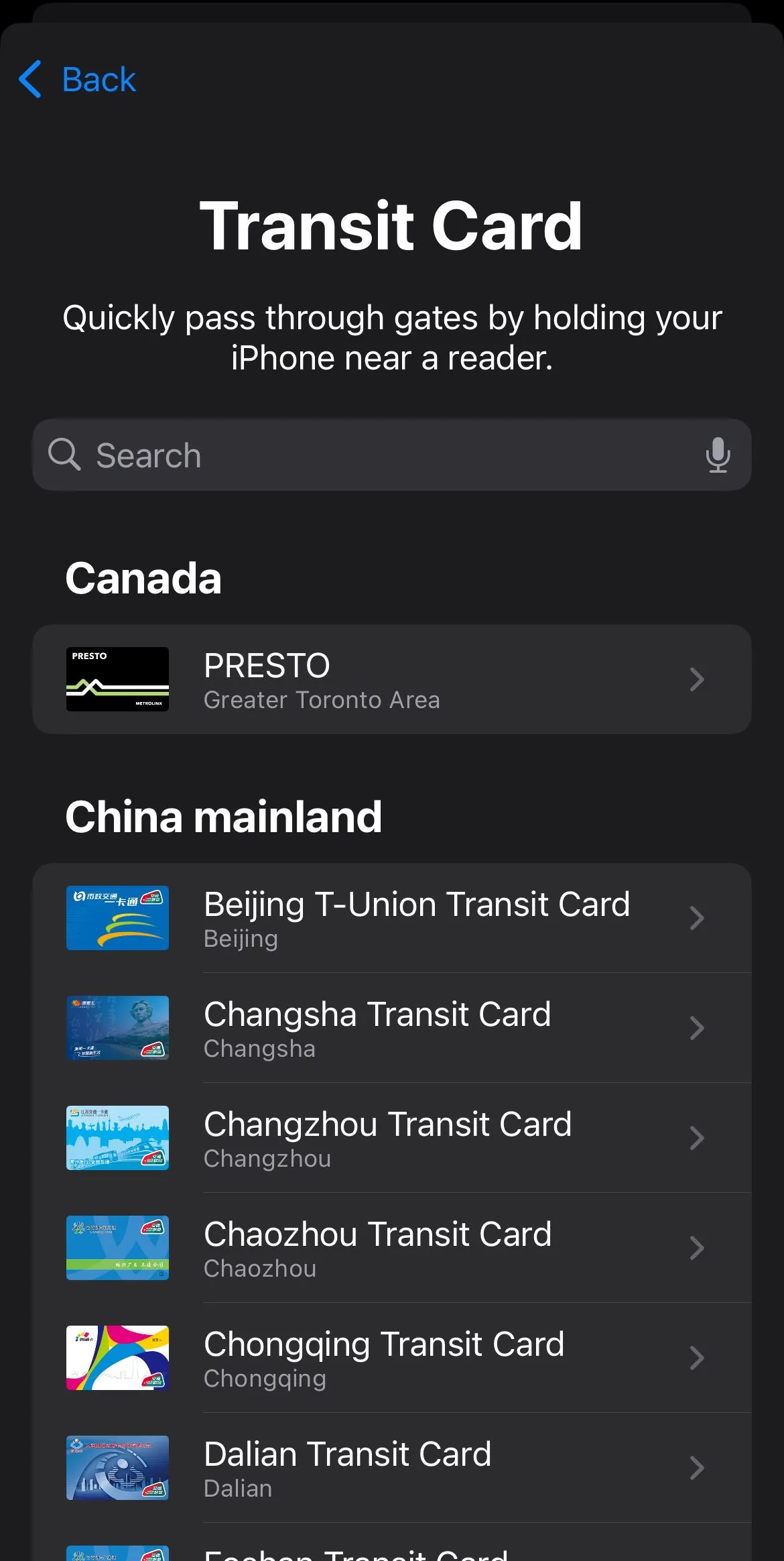 Danh sách các loại thẻ trung chuyển (transit card) có thể thêm vào Apple Wallet.