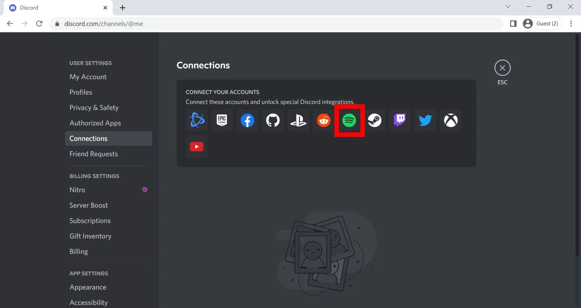 Danh sách các ứng dụng có thể kết nối trong cài đặt Discord, biểu tượng Spotify được khoanh tròn