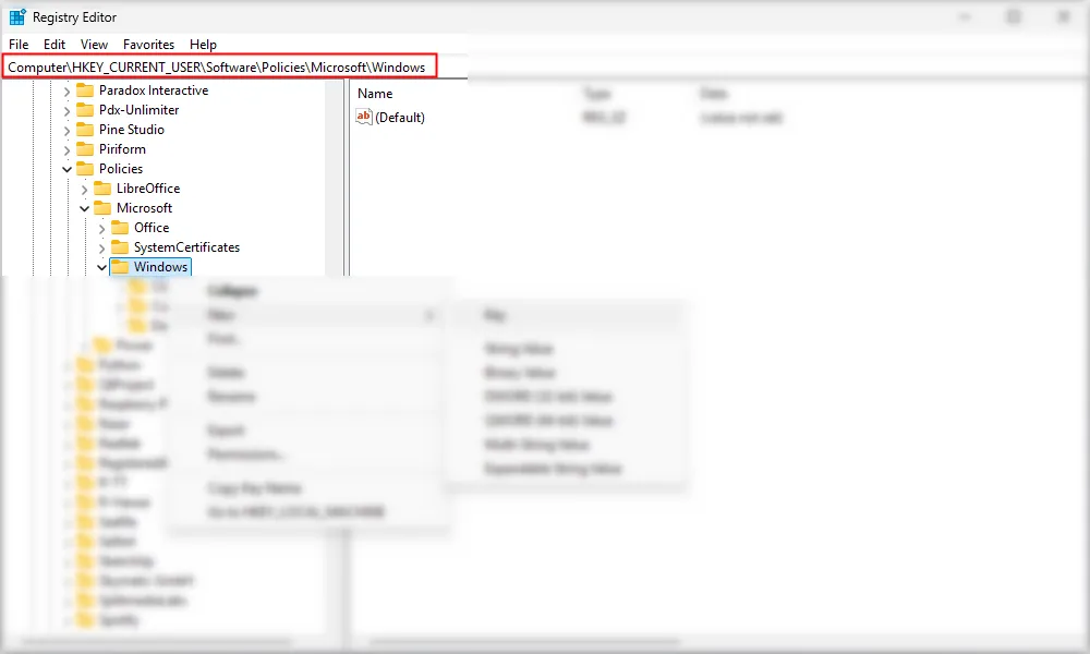 Đường dẫn Registry HKEY_CURRENT_USERSOFTWAREPoliciesMicrosoftWindows trong thanh địa chỉ của Trình chỉnh sửa Registry