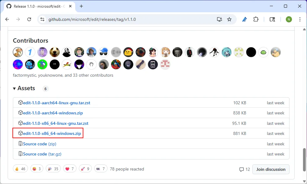 File nén cài đặt Microsoft Edit (.zip) trên trang GitHub chính thức