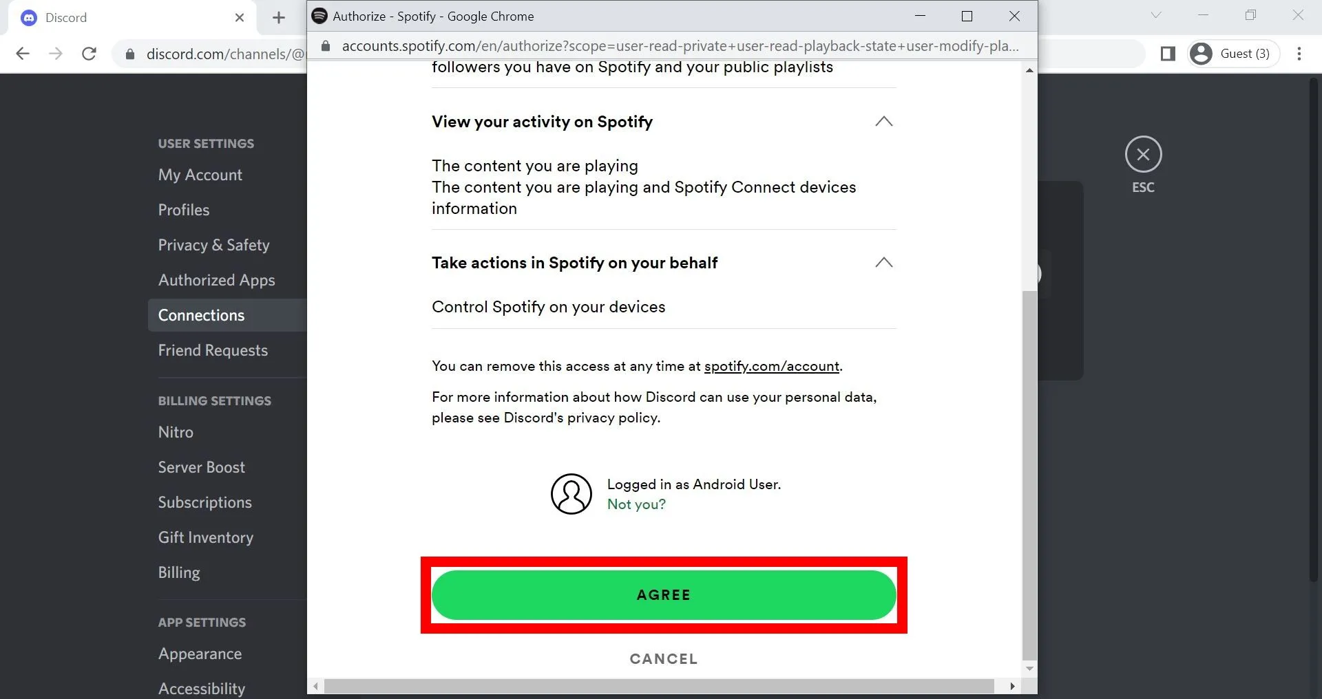 Giao diện cài đặt Discord hiển thị kết nối Spotify đã được thêm thành công
