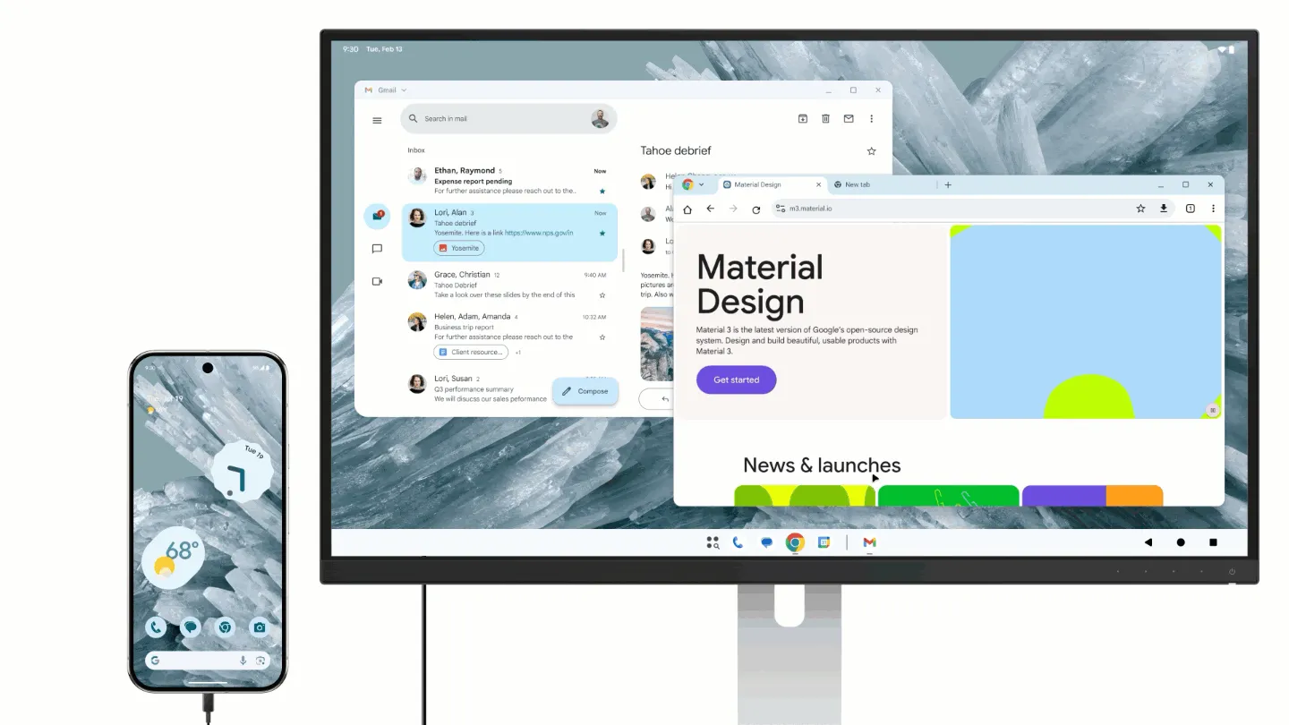 Giao diện chế độ máy tính bảng (Desktop Mode) với nhiều cửa sổ ứng dụng trên Android 16