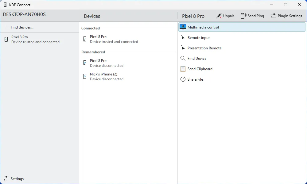 Giao diện chính của KDE Connect