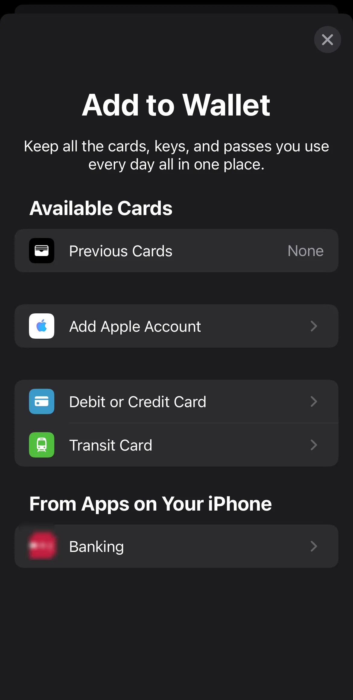 Giao diện ứng dụng Apple Wallet hiển thị tùy chọn thêm thẻ và vật phẩm.