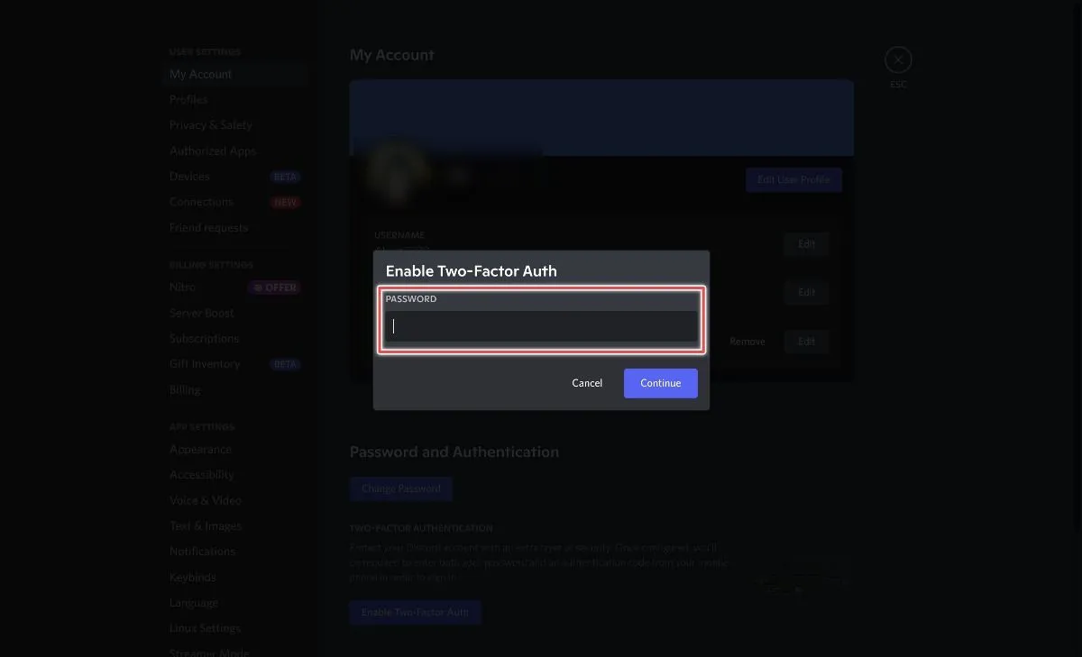 Giao diện yêu cầu nhập mật khẩu Discord để bật 2FA
