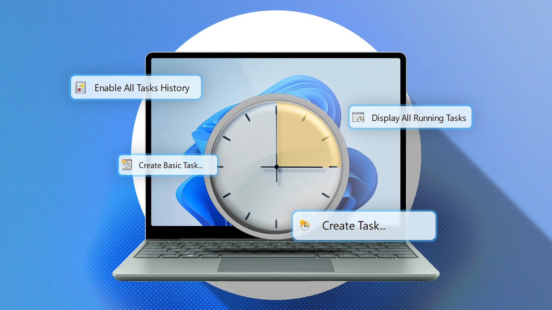 Hình ảnh máy tính xách tay Windows 11 hiển thị biểu tượng Task Scheduler ở trung tâm màn hình.