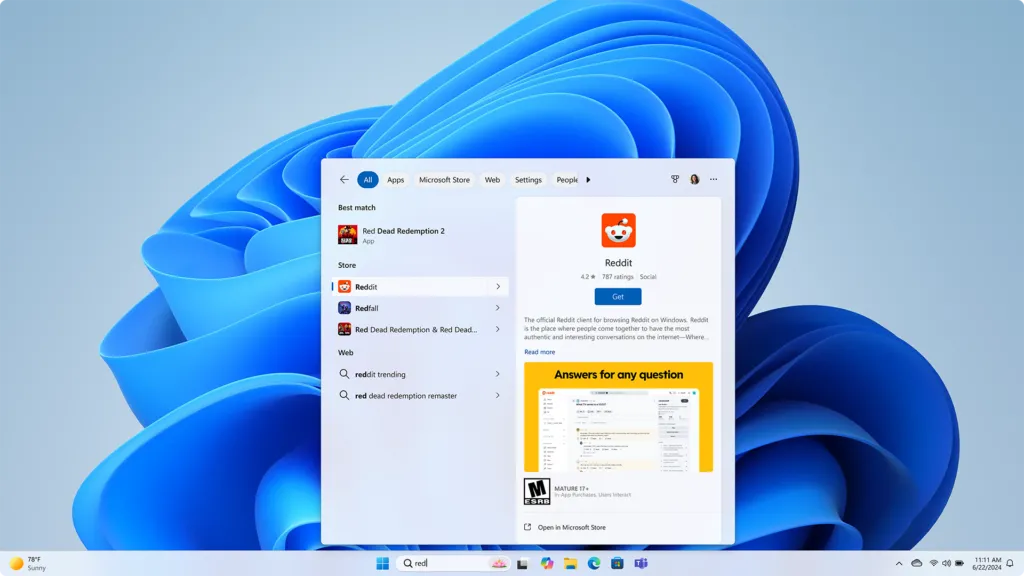Kết quả tìm kiếm trong Start Menu Windows 11 hiển thị gợi ý ứng dụng từ Microsoft Store.