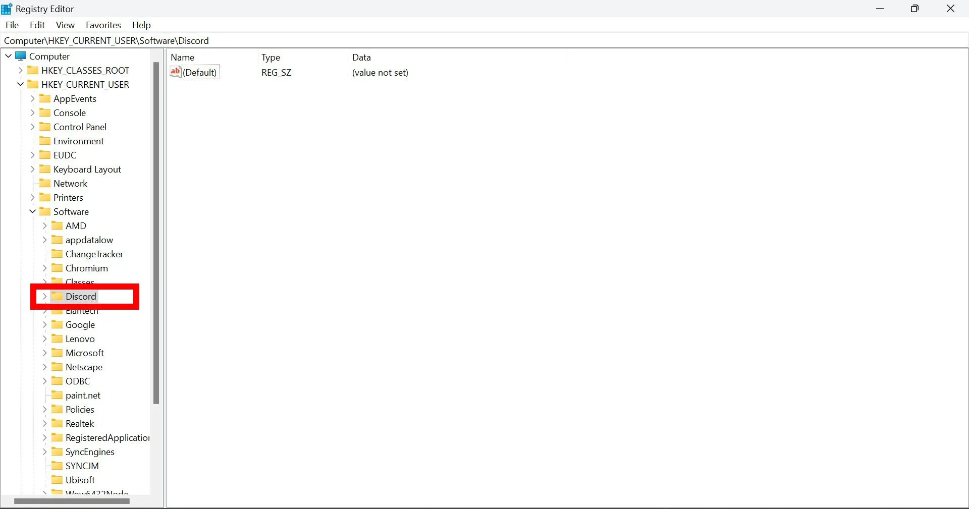 Khung chữ nhật đỏ quanh thư mục Discord trong HKEY_CURRENT_USERSOFTWARE