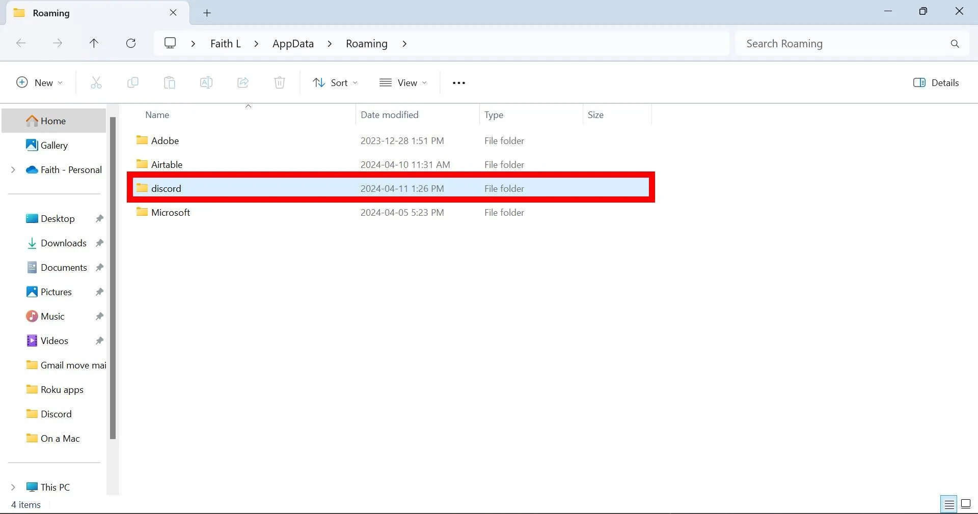 Khung chữ nhật đỏ quanh thư mục Discord trong thư mục AppData