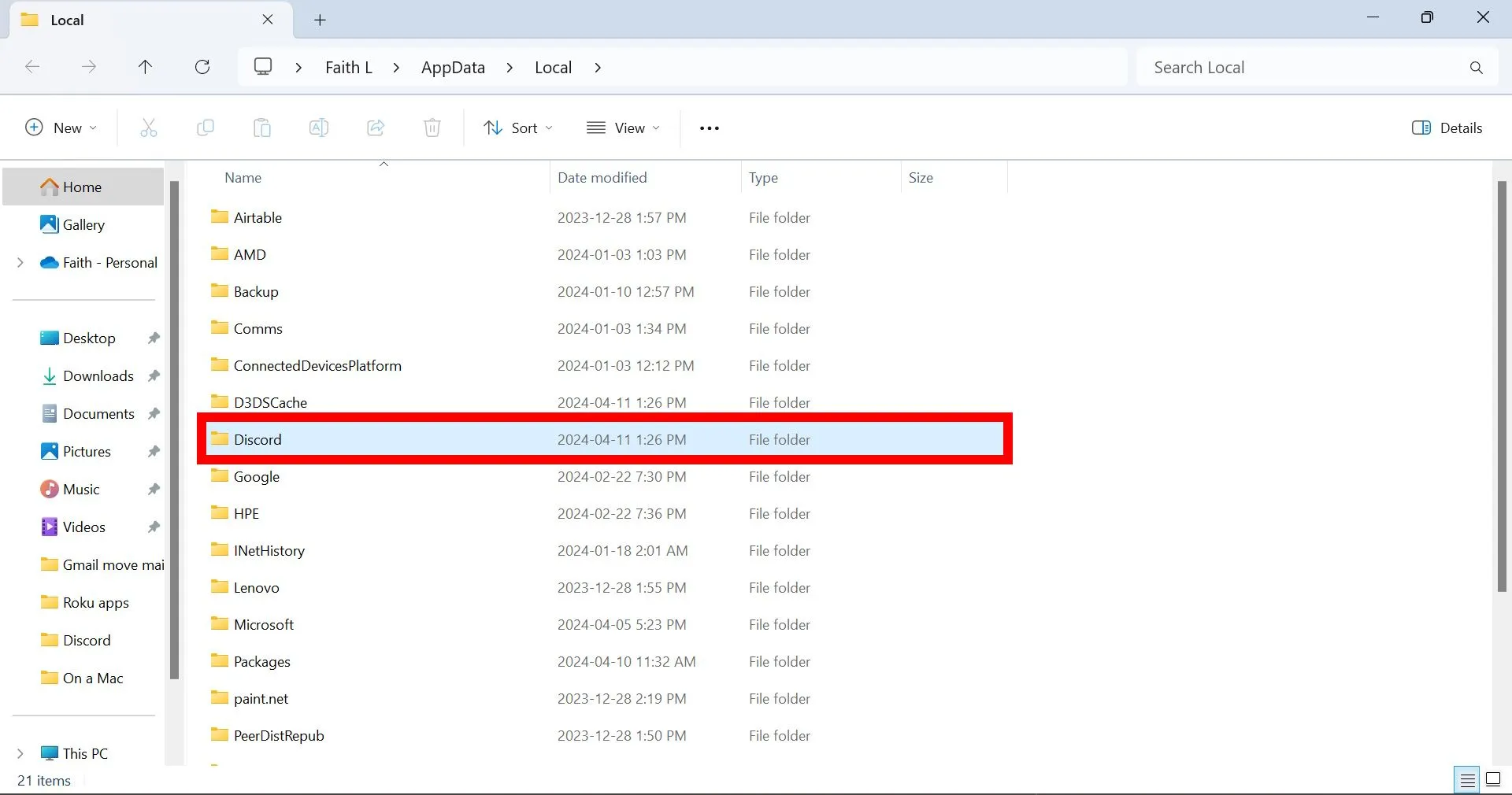 Khung chữ nhật đỏ quanh thư mục Discord trong thư mục Local AppData
