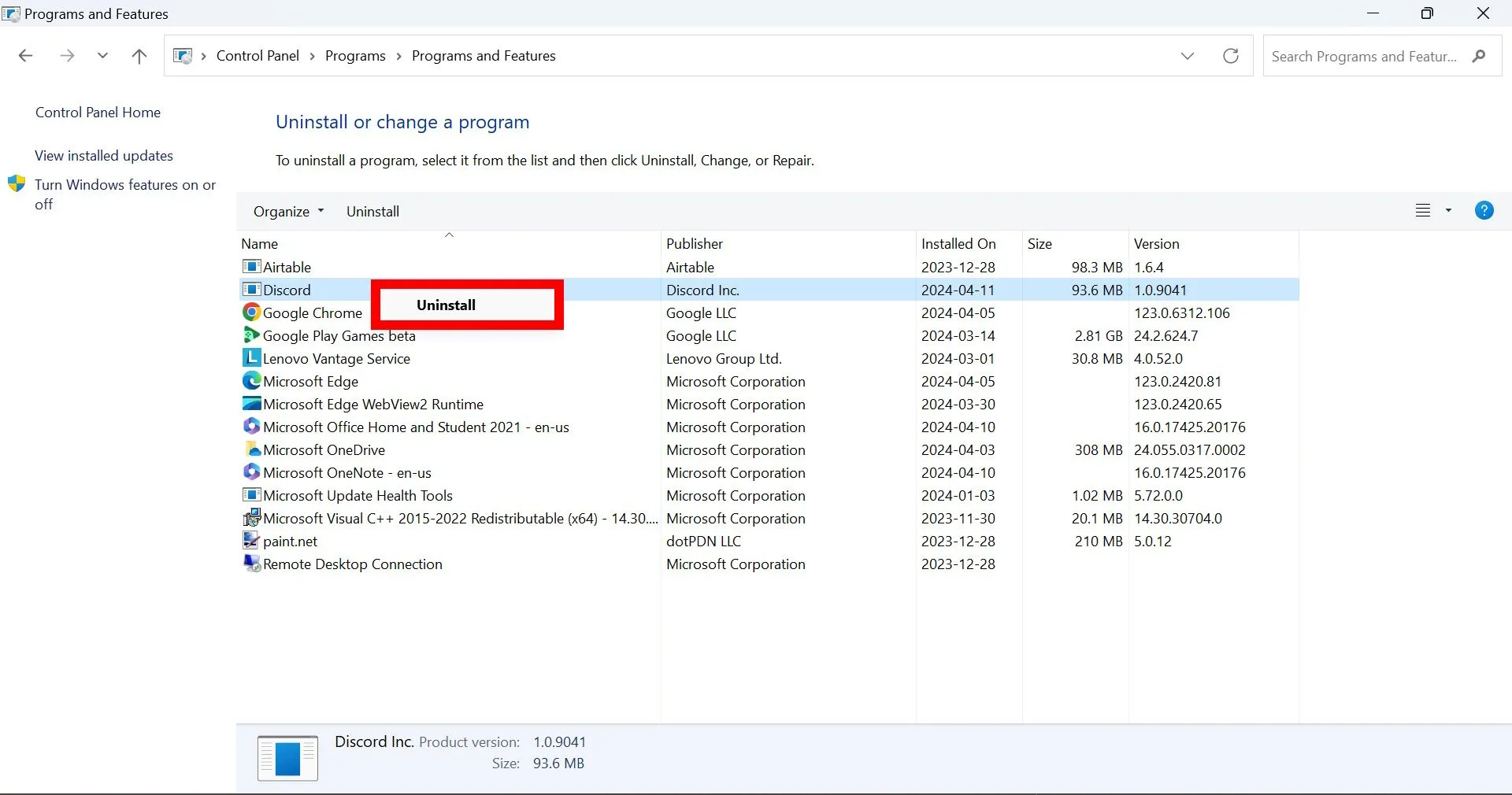 Khung chữ nhật đỏ quanh tùy chọn Uninstall khi chuột phải vào Discord