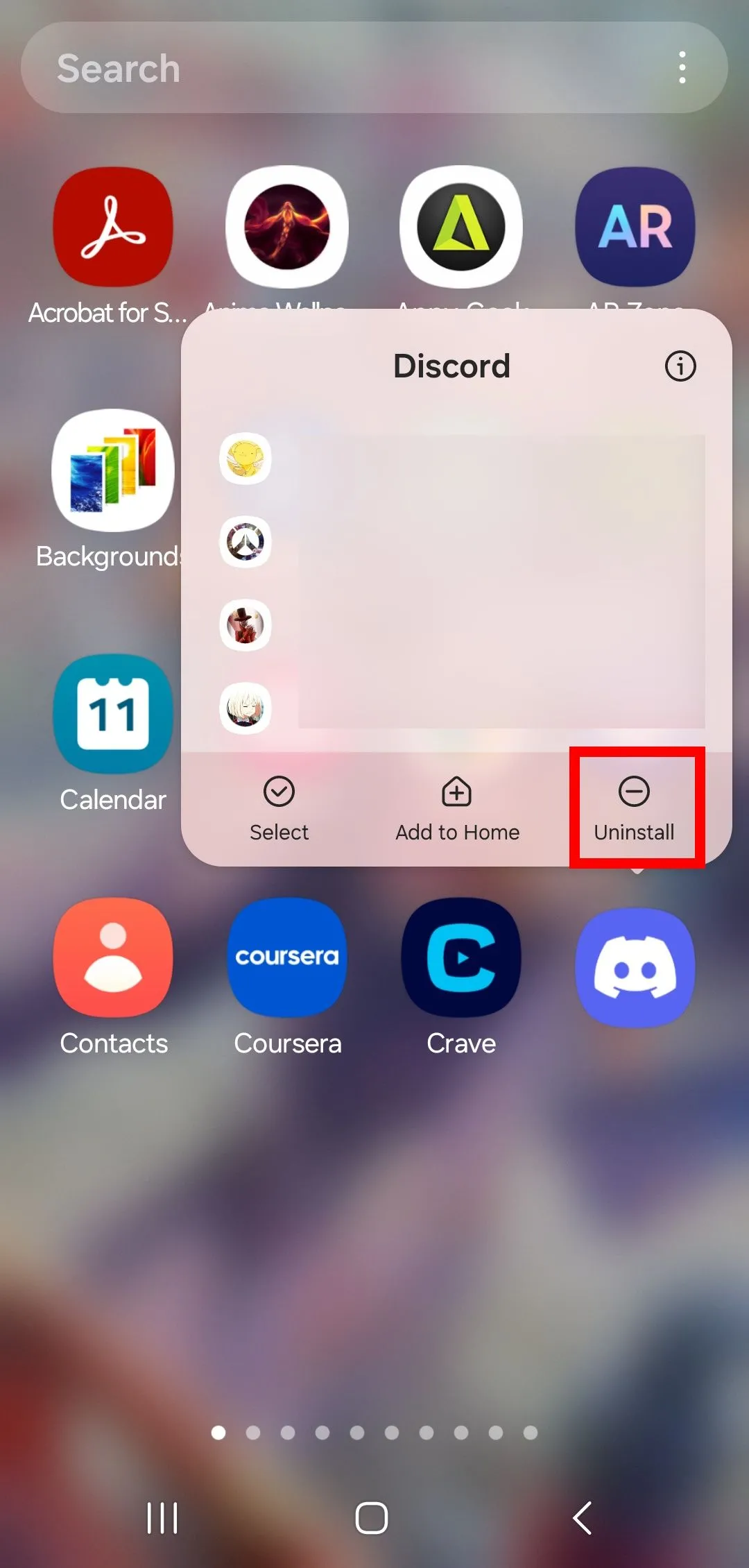 Khung vuông đỏ quanh nút Uninstall bên trên biểu tượng ứng dụng Discord