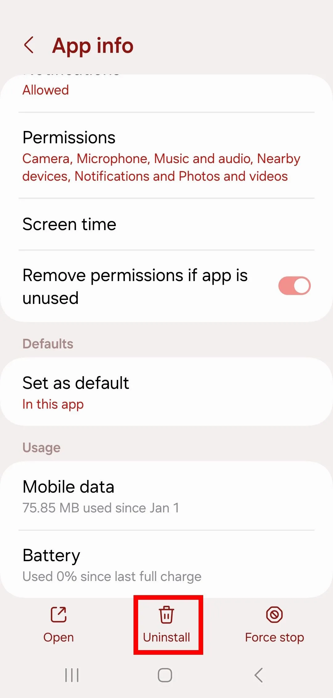 Khung vuông đỏ quanh nút Uninstall trên trang thông tin ứng dụng Discord