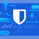 Logo Bitwarden minh họa kết nối với mật khẩu, ổ khóa và chìa khóa