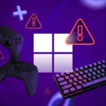 Logo Windows bao quanh bởi tay cầm chơi game và bàn phím với các biểu tượng cảnh báo.