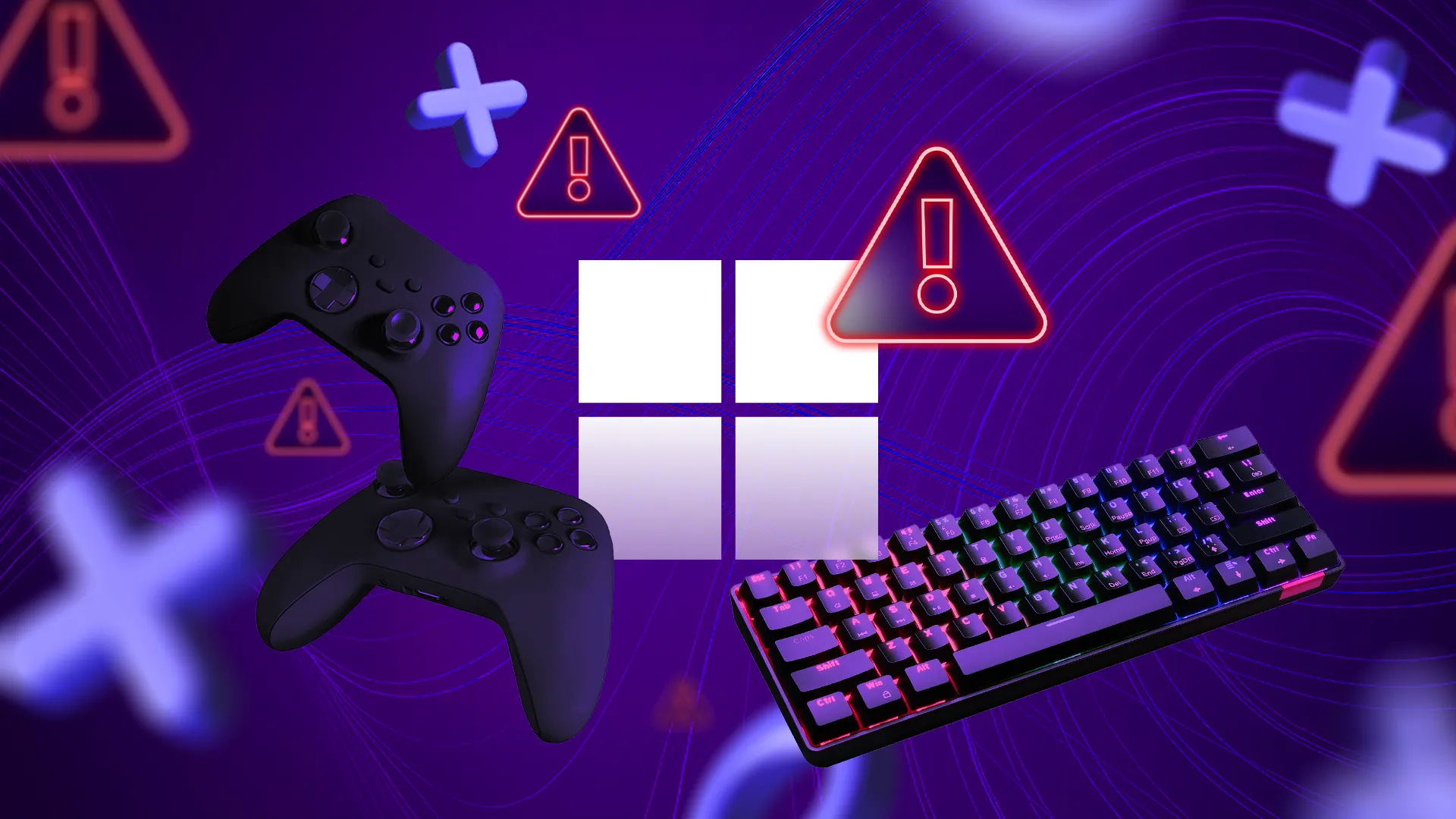Logo Windows bao quanh bởi tay cầm chơi game và bàn phím với các biểu tượng cảnh báo.