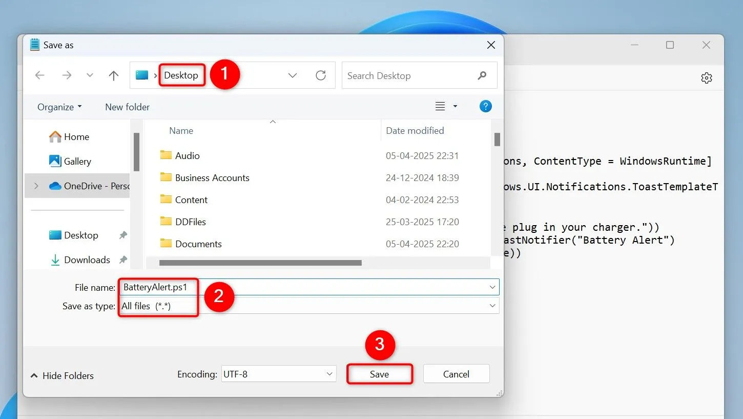 Lưu script cảnh báo pin yếu dưới dạng file .ps1 trong Notepad