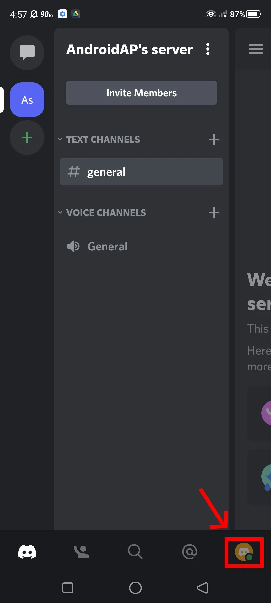 Màn hình chính của ứng dụng Discord trên điện thoại di động