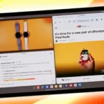 Máy tính bảng Galaxy hiển thị chế độ đa nhiệm cửa sổ, chạy nhiều ứng dụng cùng lúc.