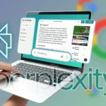Máy tính xách tay hiển thị giao diện Perplexity AI với logo Google bị làm mờ ở hậu cảnh