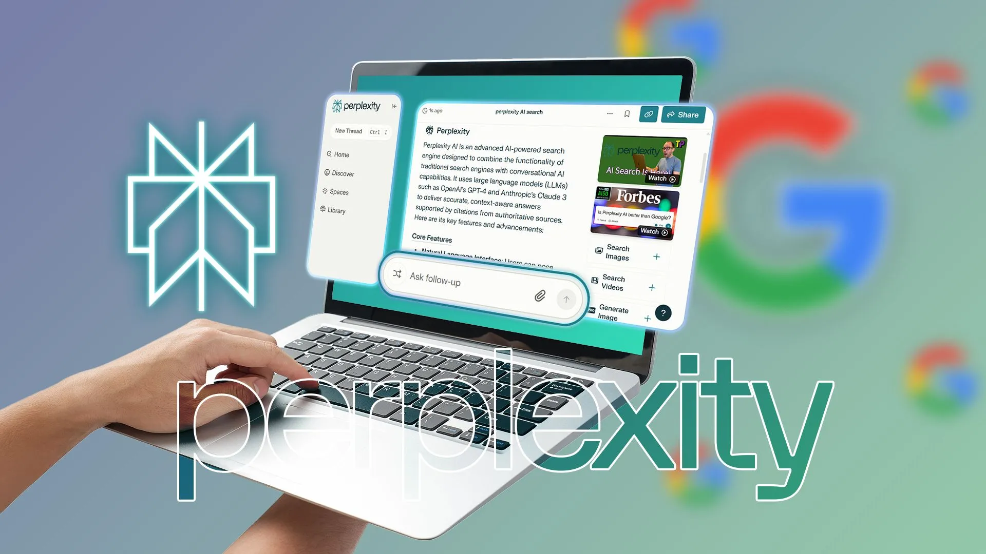 Máy tính xách tay hiển thị giao diện Perplexity AI với logo Google bị làm mờ ở hậu cảnh