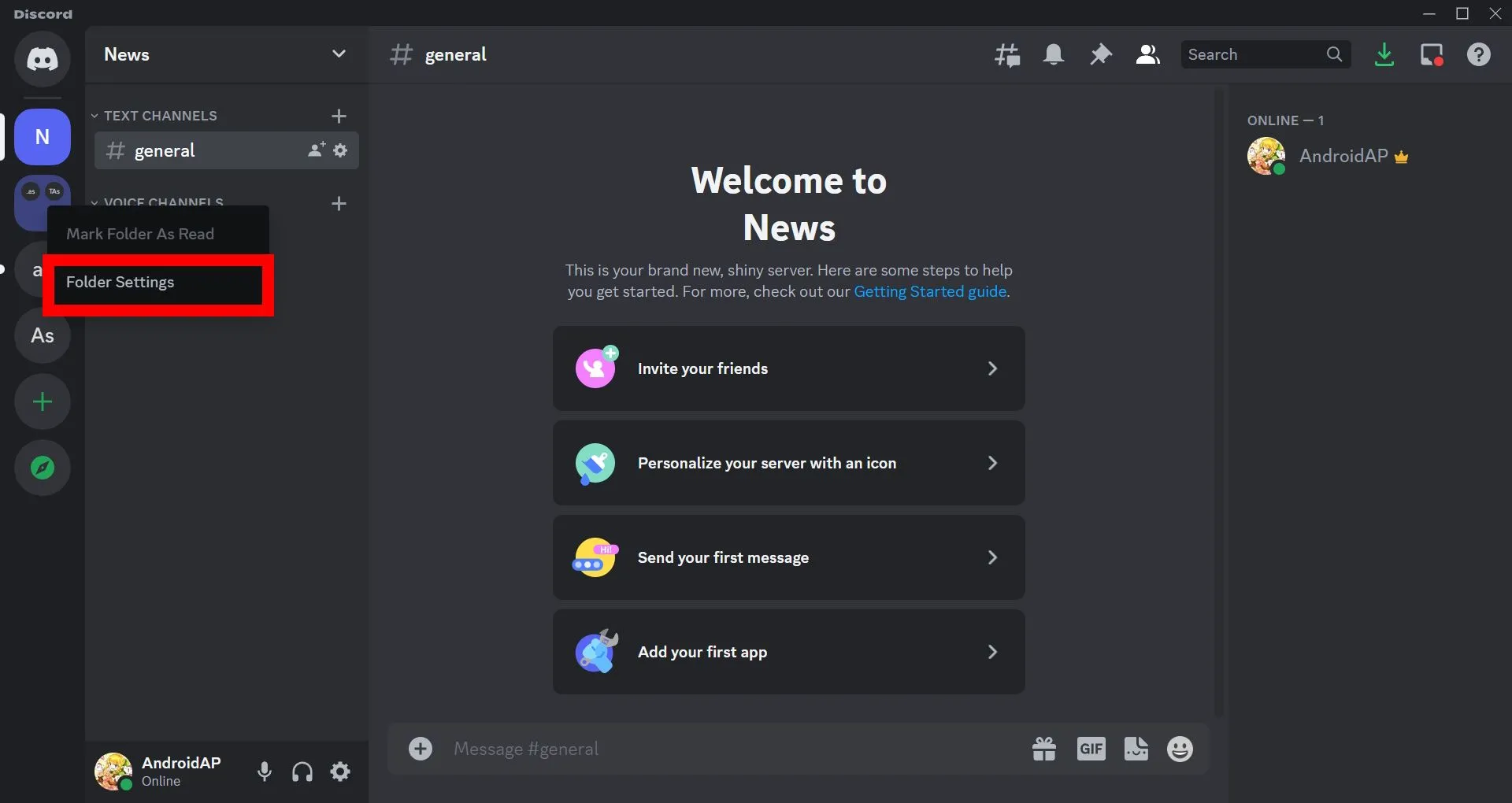 Menu cài đặt thư mục Discord khi nhấp chuột phải trên máy tính