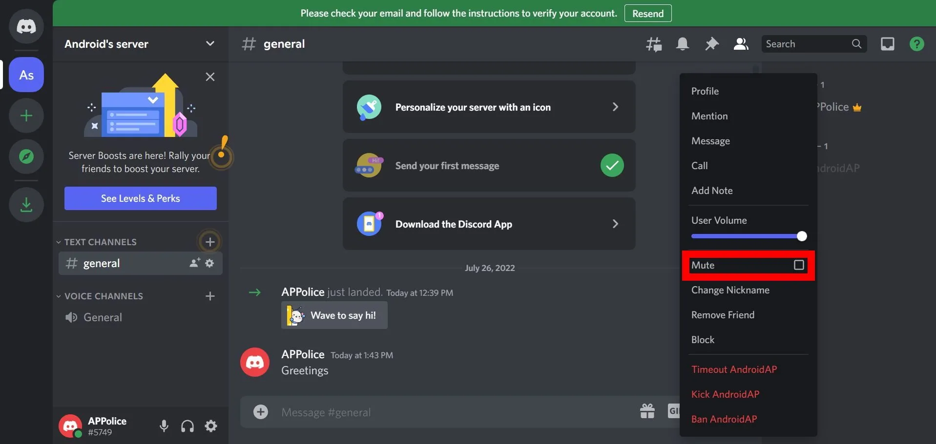 Menu khi nhấp chuột phải vào một thành viên trong danh sách người dùng trên Discord server desktop