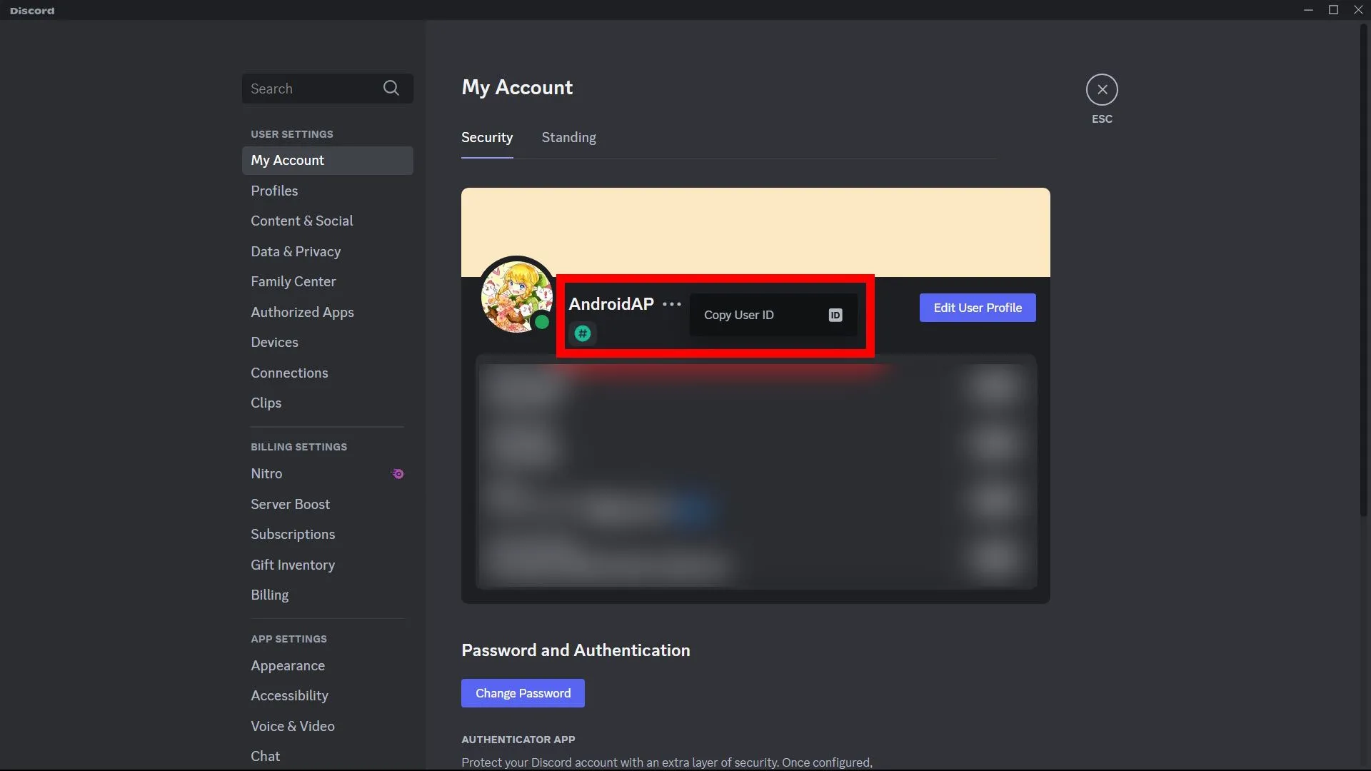 Menu tùy chọn hiển thị khi nhấp chuột phải vào tên người dùng Discord trên máy tính, chọn &quot;Sao chép ID người dùng&quot;
