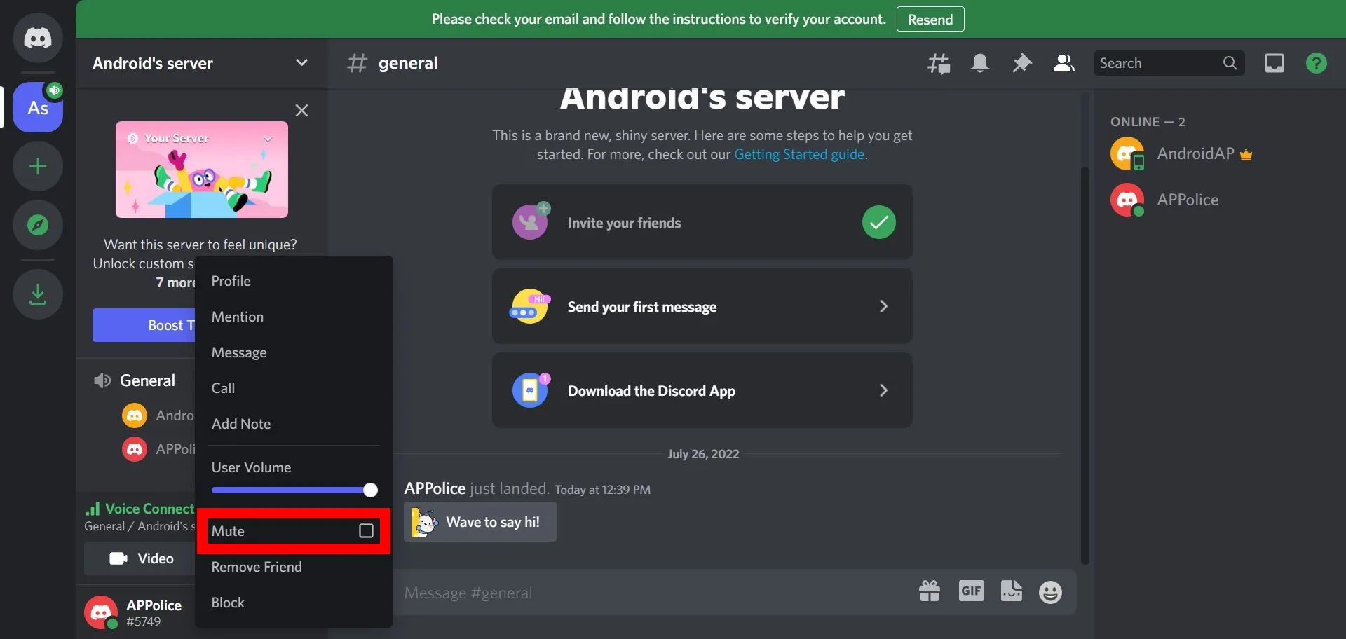 Menu tùy chọn khi nhấp chuột phải vào người dùng trong kênh thoại Discord trên máy tính