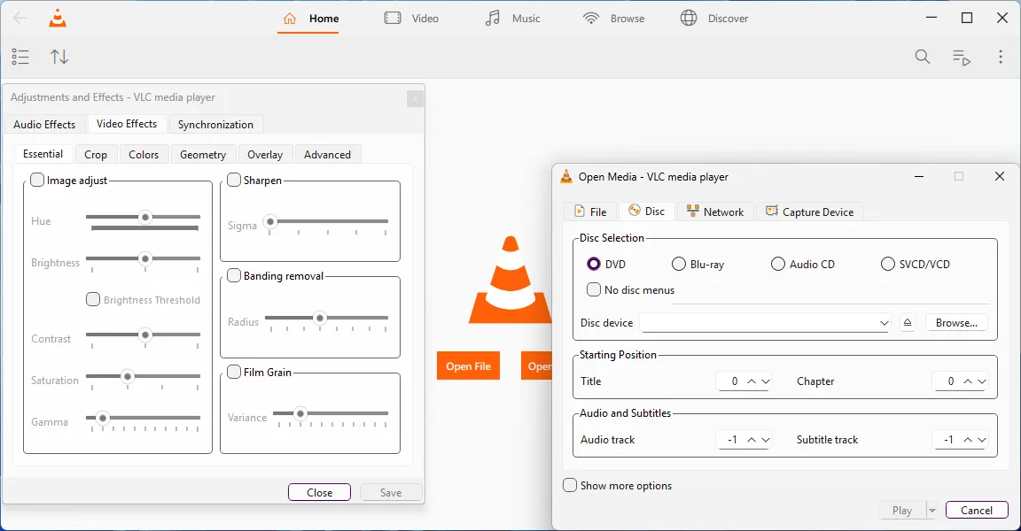 Menu Tùy chọn Mở Đa phương tiện và Hiệu ứng video trong VLC 4.0