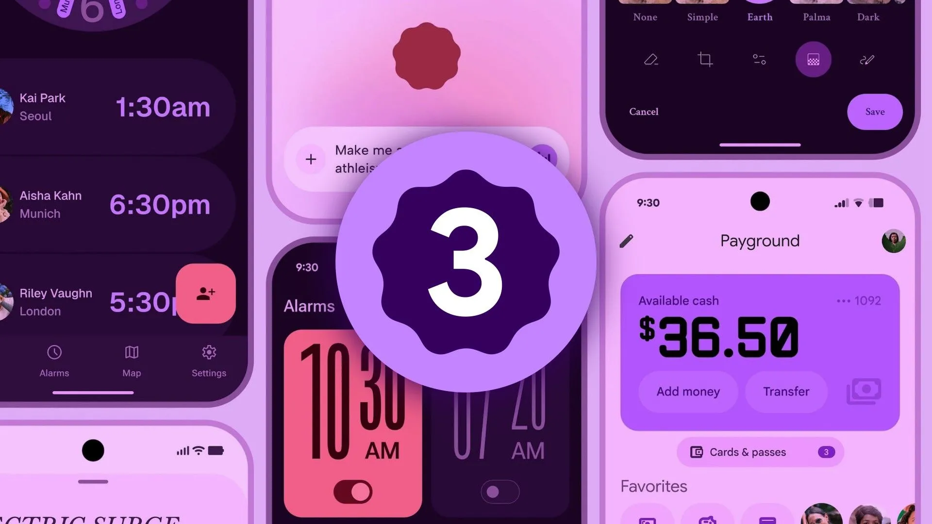 Minh họa các yếu tố thiết kế của Material Design 3 trên Android, bao gồm các góc bo tròn và bố cục thẻ.